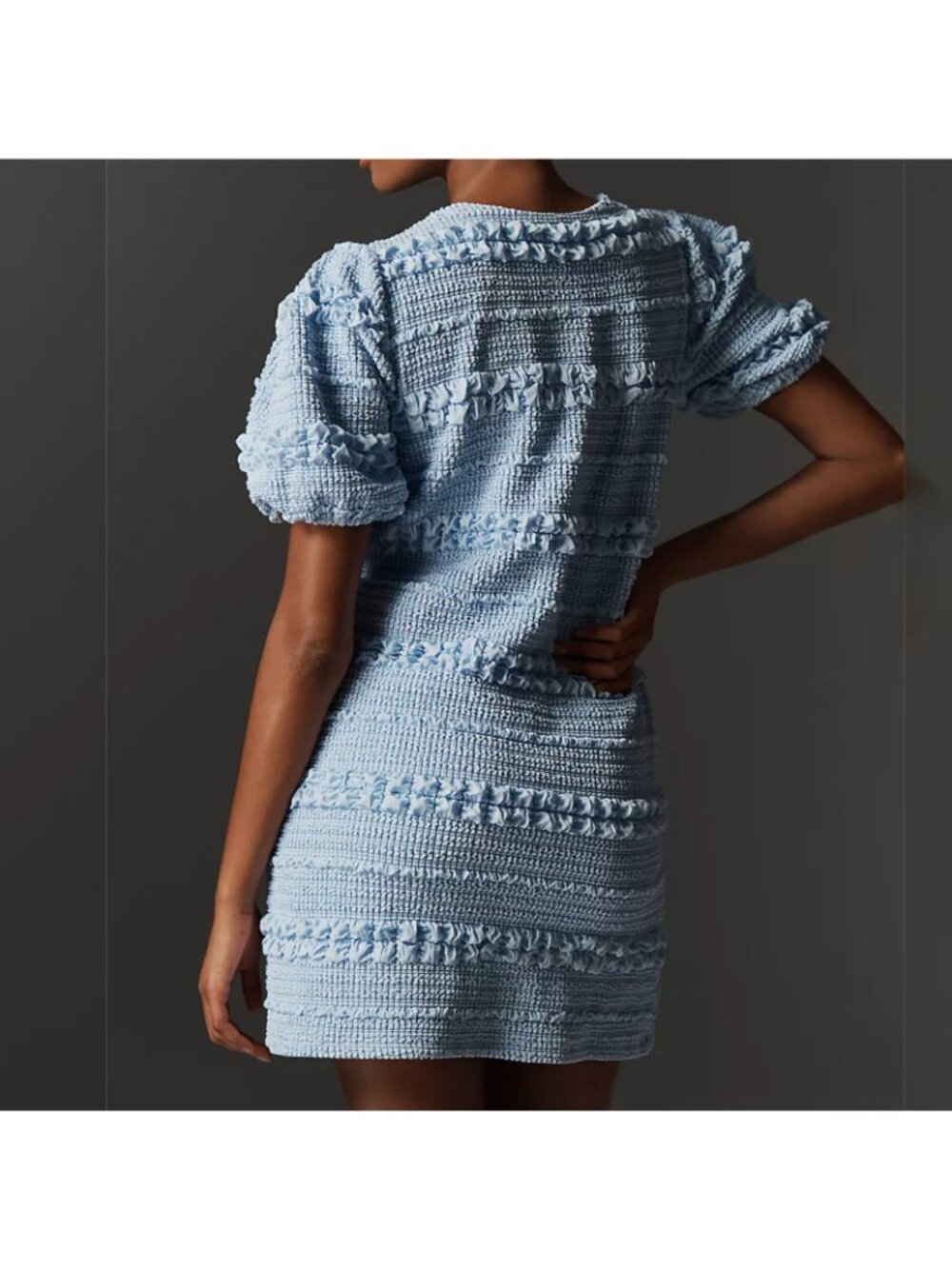 English Factory XS Blue Tweed Textured Mini Shift Dress Puff Sleeve Button $130 - Picture 4 of 8